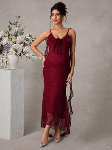 Momance Burgundy Lace Ribbon Maxi Maternity Dress, Elegant Flowy Hem, Suitable For Summer/Spring Vacation, Wedding Party - Burgundy - View 1