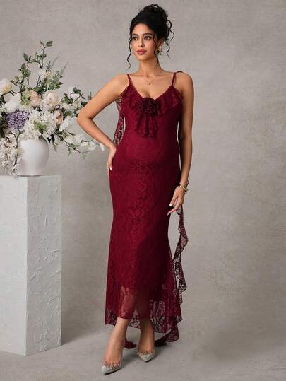 Momance Burgundy Lace Ribbon Maxi Maternity Dress, Elegant Flowy Hem, Suitable For Summer/Spring Vacation, Wedding Party