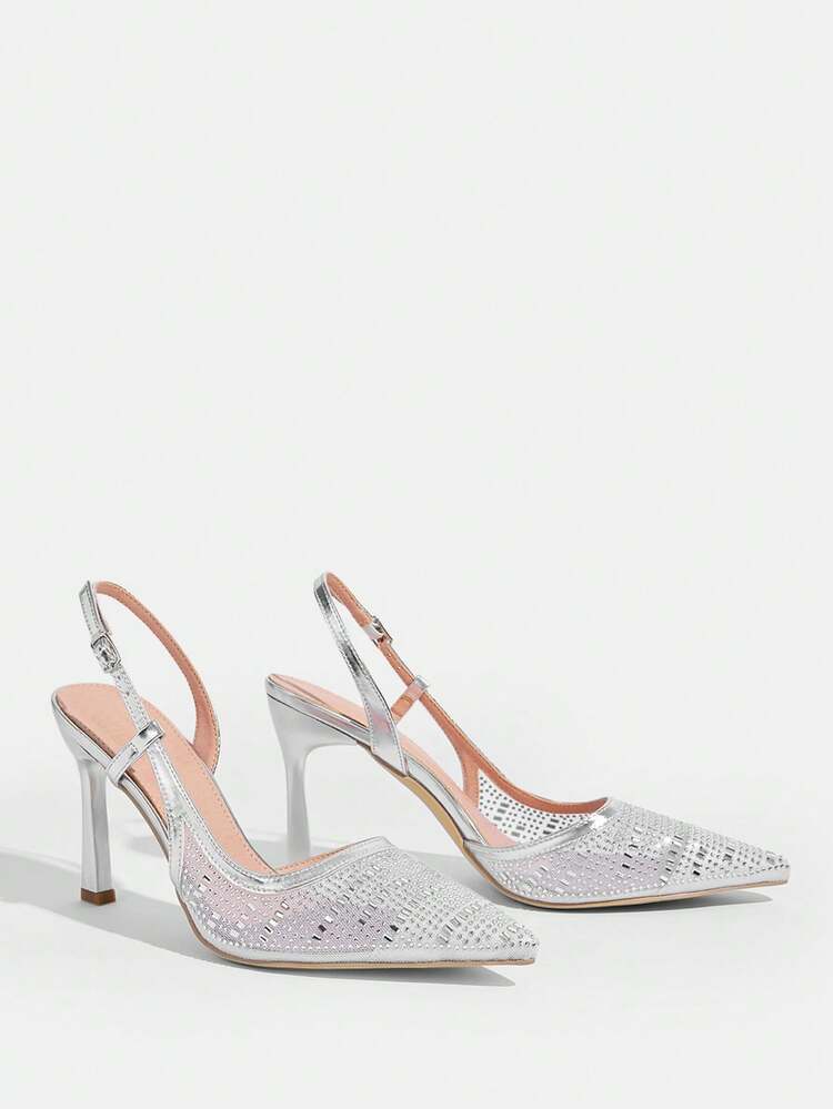 CUCCOO TILAWA Women's Pointed Toe High Heel Shoes, Rhinestone Decor Mesh Material, Fashion Comfortable For Daily, Party, Banquet, Slip-On Buckle Strap Backless Pumps