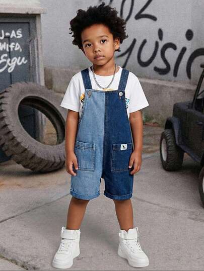 幼儿男童休闲牛仔背带裤，新款撞色水洗蓝色牛仔背带裤