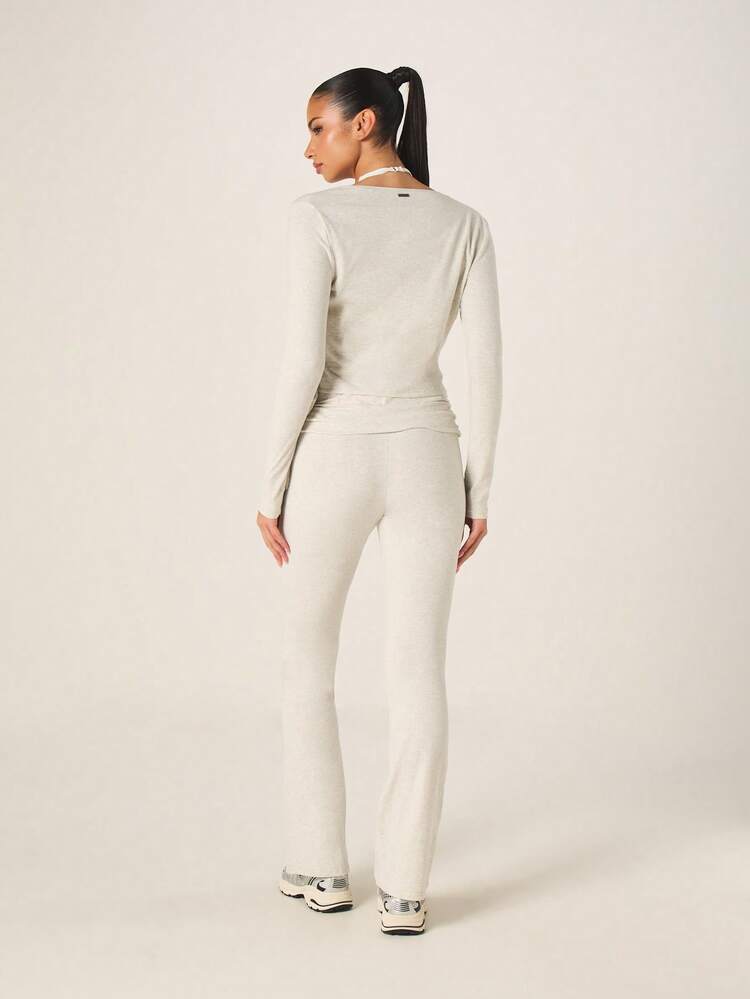 Missguided x Playboy Long Sleeve Wrap Front Top With Fold Over Waist Flare Pants Two Piece Coordinating Set V-Neck Tie Detail