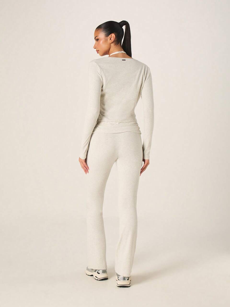 Missguided x Playboy Long Sleeve Wrap Front Top With Fold Over Waist Flare Pants Two Piece Coordinating Set V-Neck Tie Detail