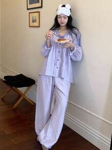 DAZY Spring Sweet Frill Trim Raglan Sleeve Loose Women Pajama Set - Purple - View 6