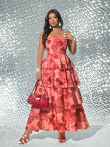 Viva Relle Vestido largo de vacaciones elegante y con volantes de varios niveles, con estampado de rosas, sin tirantes y con diseño fashionable - Rosa Roja - Ver 5