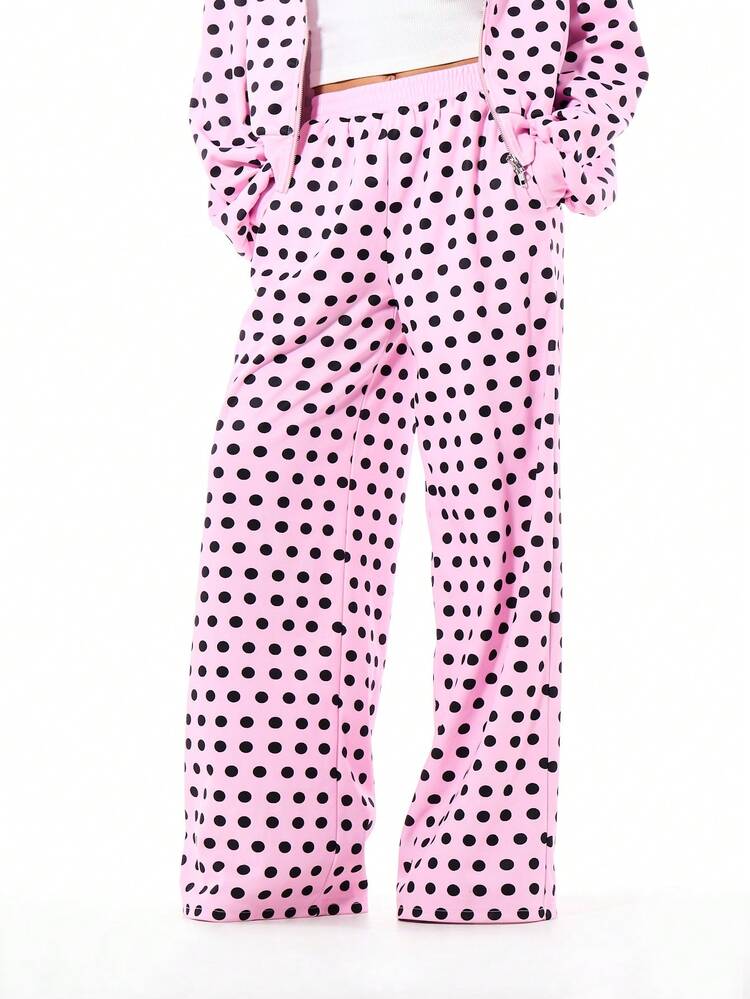 SUMWON Damen Oversized Weite Bein Polka Dot Jogginghose, rosa-schwarzer gepunkteter Muster, grafischer Sweathose, locker sitzend, Lässig Hose