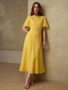 MOTF PREMIUM WOMEN'S SHORT SLEEVE ROUND NECK EMBROIDERED 100% LINEN MIDI DRESS, CASUAL & DATE WEAR, SPRING/SUMMER - Yellow - View 5