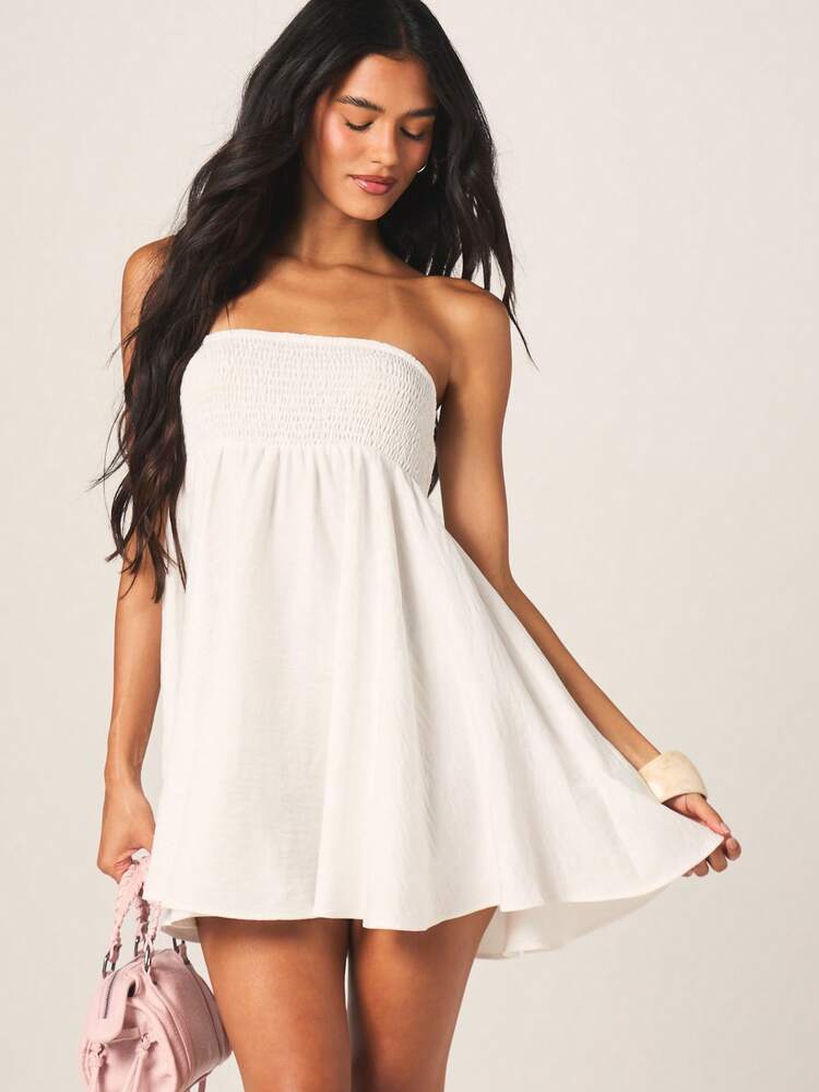 MISSGUIDED Strapless White Shirred Bust Mini Dress Empire Waist Flowing Summer Beach Vacation Party Casual Feminine Off Shoulder Boho Style A-Line Dress
