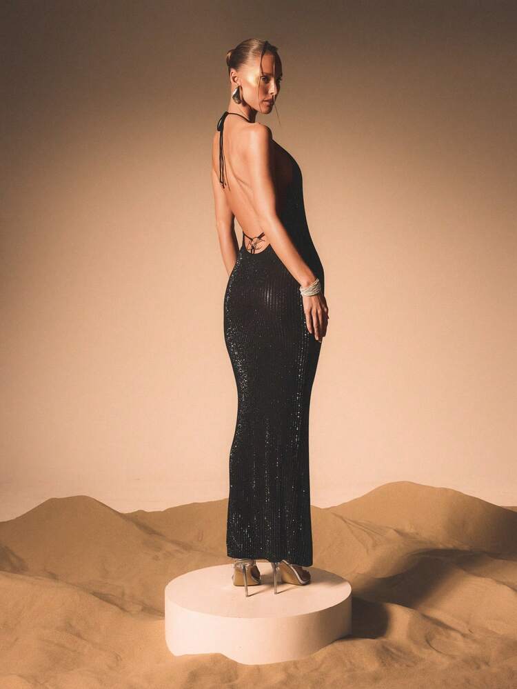 KIZN Sequin Halter Plunge Backless Maxi Dress