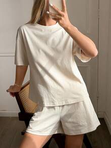 Bộ đồ ngủ ngắn tay và quần short bằng cotton dành cho nữ, kiểu dáng thường ngày, thích hợp cho mùa hè. - Màu be - Xem 7