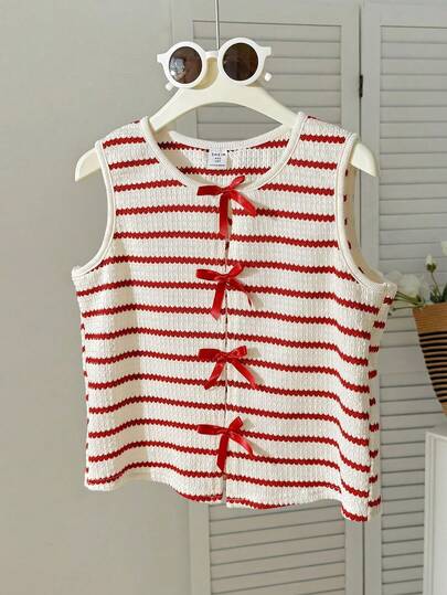 Tween Girl Casual Minimalistisk Bekväm Rund Halsad Pullover Randig Rosettdekor Linne