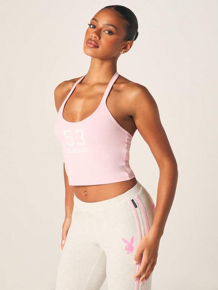 Missguided x Playboy Women Halterneck Cami Crop Top With Logo Print And Tie Back Detail Summer Casual Sleeveless Tank Top