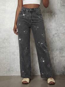 Slaydiva Women's Casual Everyday Wear Jeans With Pockets, Button Closure And Rhinestone Five-Pointed Star Pattern Shiny - Black - View 2