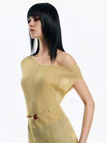 Airlisse Asymmetric Ruched Tie-Back Knit Cover Up For Women,Sheer Short Sleeve Ribbed Off The Shoulder Tops,Mustard Yellow,Summer,Effortless Chic,Vacation - Green - View 1