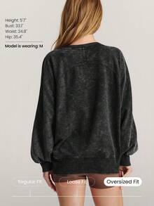 GLOWMODE Everyday Terry Cozy Day Soft Breathable Sweat-Wicking Vintage Wash Front Pocket Oversized Crewneck Sweatshirt Daily Casual Wear - Black - View 2