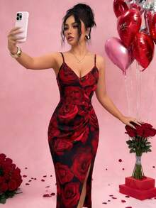 SHEIN Raffinéa Nuevo vestido de tirantes con estampado de rosas para mujeres - Multicolor - Ver 4