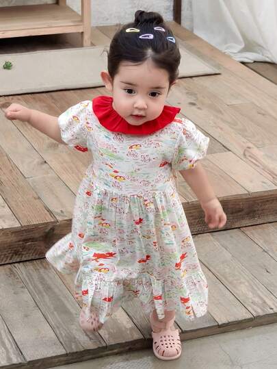 DAZY Đầm ngắn tay in họa tiết phối màu phong cách Hàn Quốc thường ngày cho bé gái.