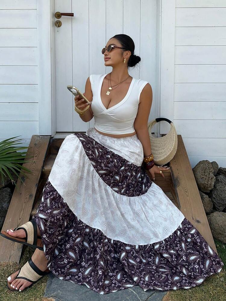 Dazy Plus Spring & Summer Loose Casual Vacation Bohemian Geometric Floral Print Color Block Skirt, Plus Size