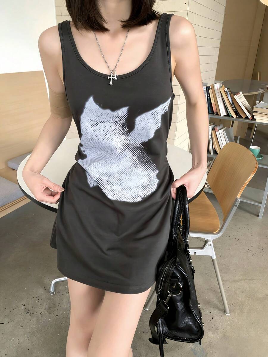 K-Vae 夏季极简性感深V领系带猫咪印花连衣裙 - 駝色 - 查看 1