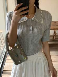 DAZY Women's Pearl Splice Short Sleeve Grey Knit Top - Grey - View 8