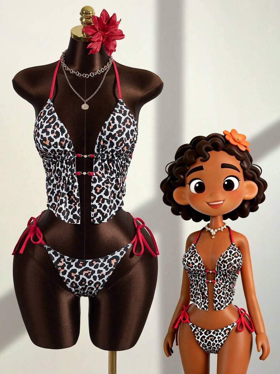 Zestiva 女士两件套豹纹随机图案性感V领吊带背心和比基尼套装，夏季 - 彩色 - 查看 1