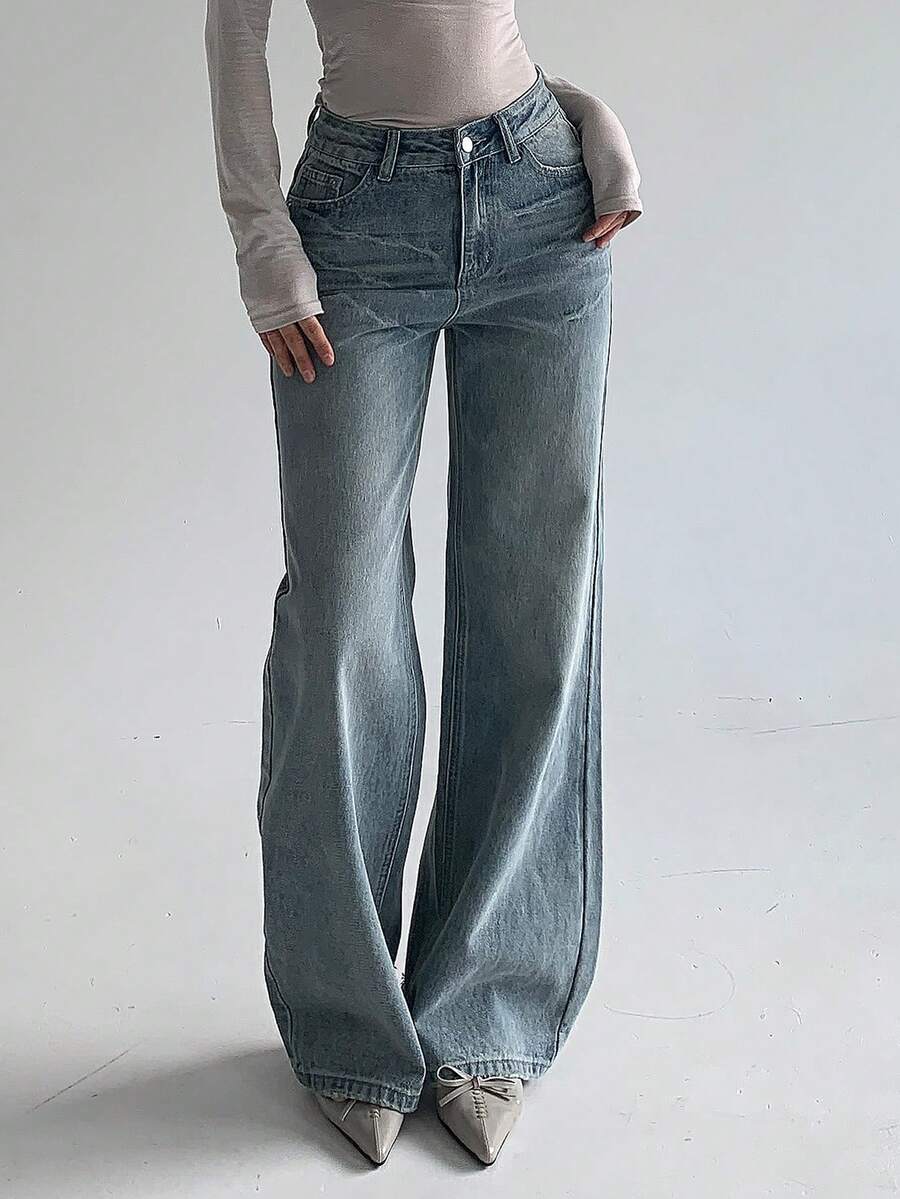 DAZY 女士休闲通勤水洗直筒牛仔裤 - 藍色 - 查看 1