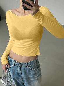 DAZY Women's Autumn New Off-Shoulder Fitted T-Shirt - Yellow - View 5