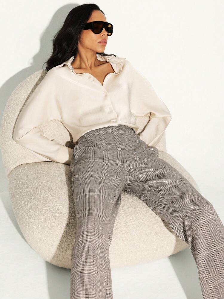 KSTM Pantalones de pierna ancha a la cintura alta con estampado de cuadros para mujeres, para uso profesional, de oficina y formal, pantalones a cuadros para otoño e invierno