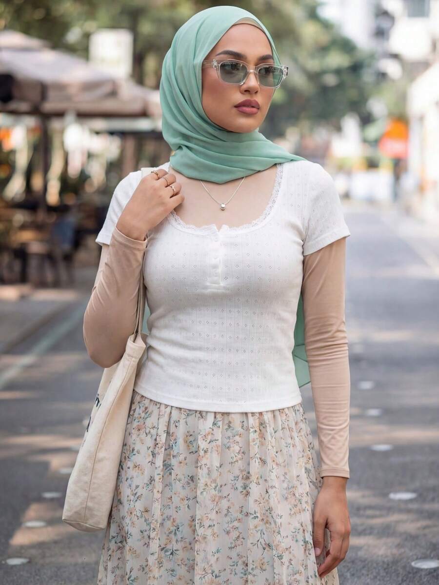 Calvaya 女士甜美蕾丝边短袖 T 恤，修身款 3 纽扣休闲白色 T 恤上衣夏季