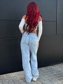 Bearsaez 女式口袋破洞阔腿宽松休闲百搭牛仔裤 - 藍色 - 查看 2