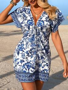 Swim Lushoire 女士度假休闲V领蝙蝠袖印花罩衫 - 藍白色 - 查看 6