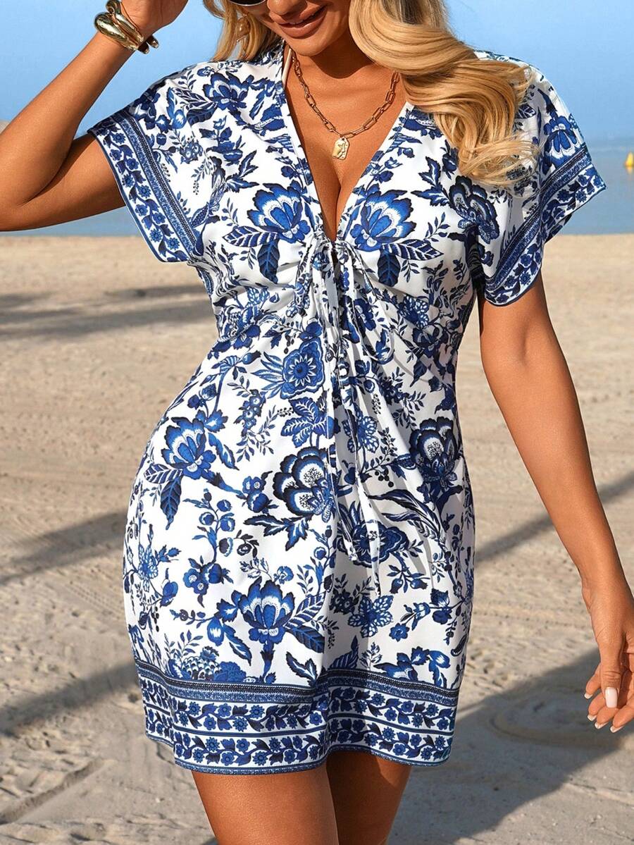 Swim Lushoire 女士度假休闲V领蝙蝠袖印花罩衫 - 藍白色 - 查看 1