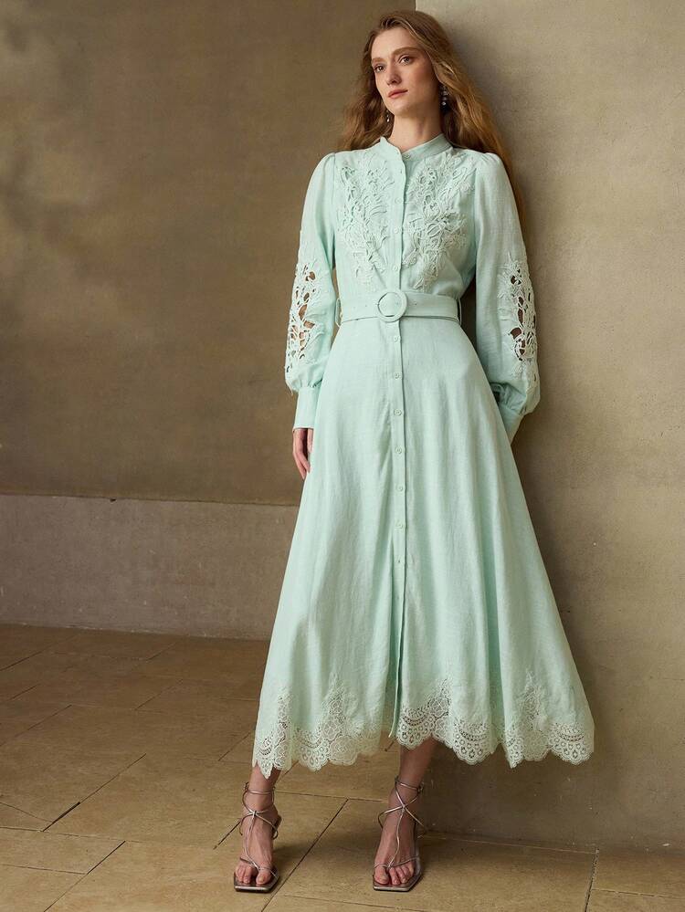 WOMEN'S LINEN BLEND EMBROIDERED ROMANTIC MID-LENGTH DRESS, SPRING/SUMMER