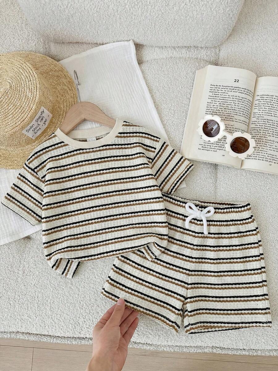 LMoss Kids 2pcs Baby Girl Knitted Striped Round Neck T-Shirt And Shorts Set - Multicolor - View 1