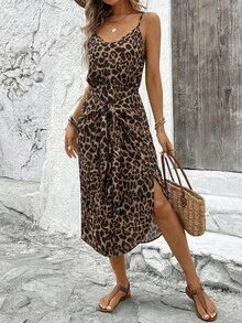 EMERY ROSE Vestido casual sin mangas con abertura y estampado de leopardo - Marrón - Ver 3