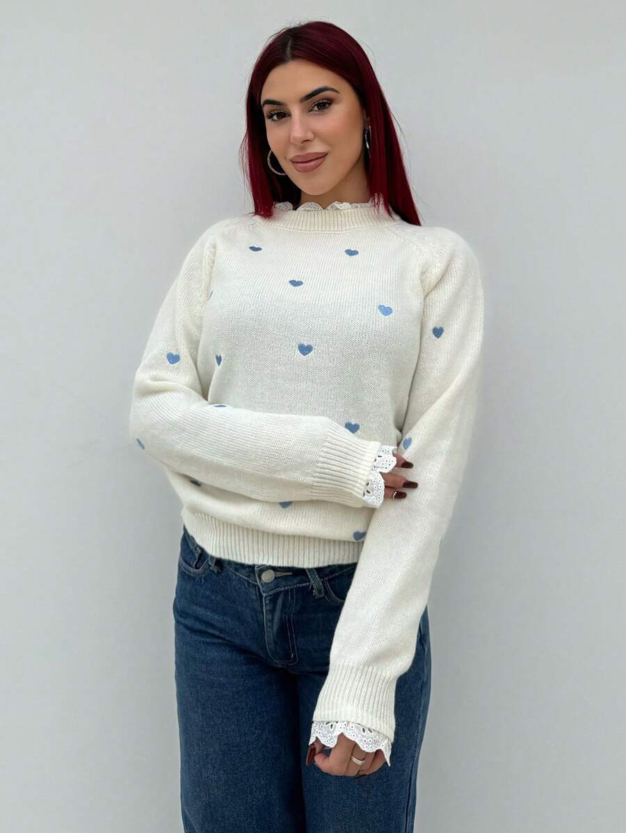 Bearsaez 女士心形刺绣拼布插肩袖毛衣、长袖上衣、秋冬针织毛衣 - 藍色 - 查看 1