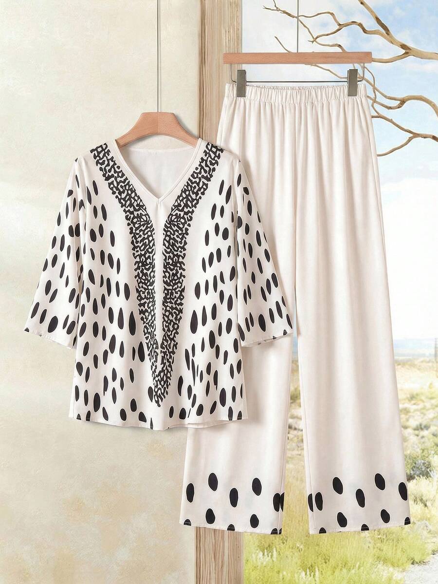 Rusticease 2pcs Women Casual V-Neck Printed Top & Pants Set - Multicolor - View 1