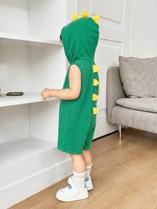 SHEIN Newborn Baby Boy/Girl Cute Blue Dinosaur Knitted Hooded Romper Kids Unisex Clothes Babies For Boy Jumpsuit - Green - View 4