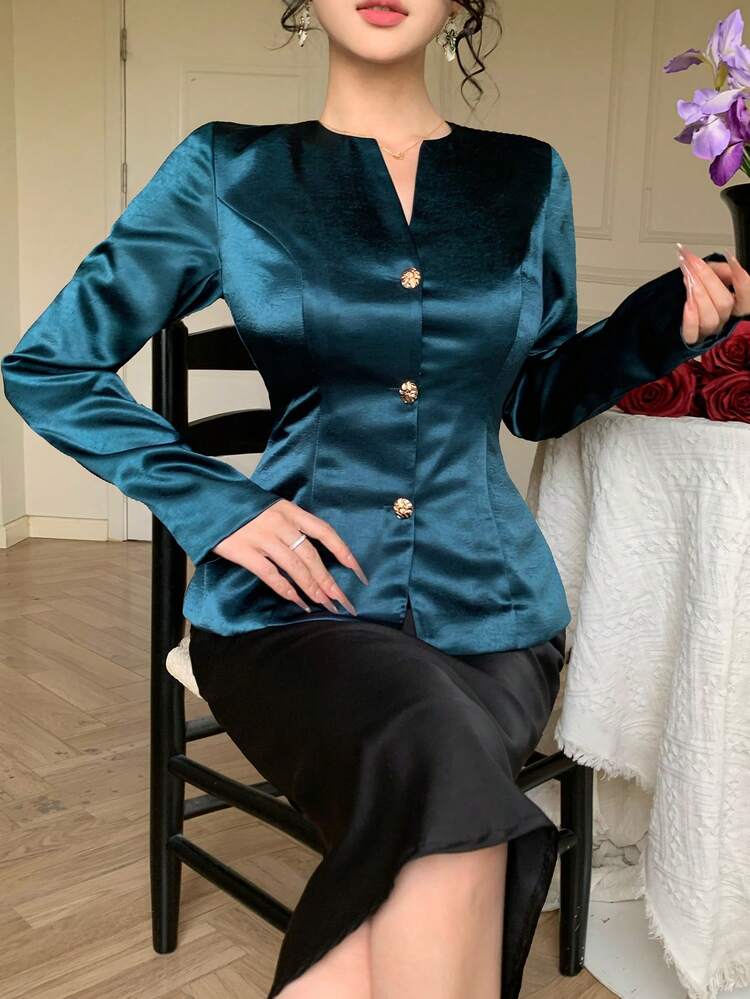Women's Elegant Solid Color Round Neck Satin Blazer Jacket, Spring