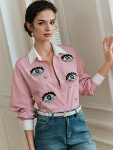 Anewsta Áo kiểu nữ thủ công đính đá lấp lánh hình mắt, phối sọc tương phản. - Đỏ - Xem 4
