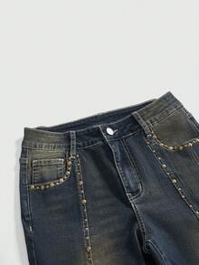 ROMWE Women's Y2K 90s Themed Retro Distressed Dark Blue Rivet Decor Fitted Flare Low Waist Jeans, Spring/Summer Everyday - Medium Wash - View 2