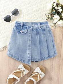 Quần short denim tối giản đa năng phong cách thường ngày cho bé gái, quần váy denim xanh bạc màu với thiết kế xếp ly. - Màu xanh lam - Xem 1