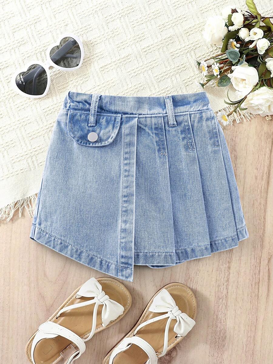 Quần short denim tối giản đa năng phong cách thường ngày cho bé gái, quần váy denim xanh bạc màu với thiết kế xếp ly. - Màu xanh lam - Xem 1