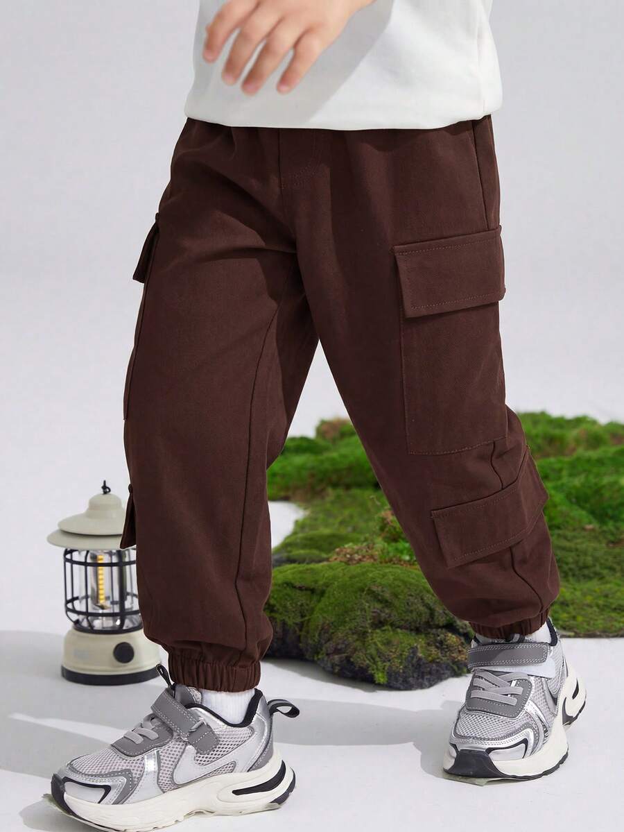 SHEIN 男童休闲舒适侧袋抽绳裤 - 棕色 - 查看 1