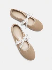 ROMWE Kawaii 女士休闲系带软底平底鞋，仿麂皮圆头裸色芭蕾平底鞋，适合暑假、夏季促销、返校季、学生装、圣诞节、秋季、新年 - 杏色 - 查看 6