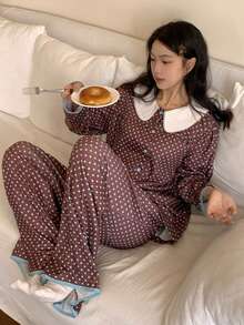 DAZY Cute Polka Dot Print Contrast Color Peter Pan Collar Women Pajama Set - Coffee Brown - View 1