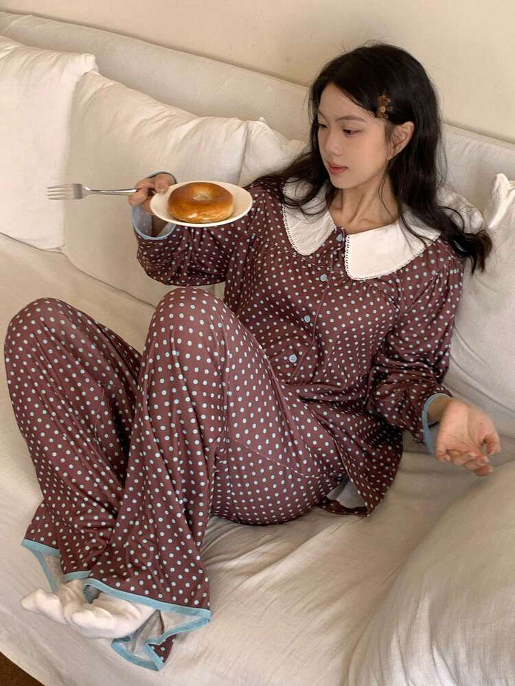 Cute Polka Dot Print Contrast Color Peter Pan Collar Women Pajama Set