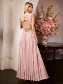 MOTF Soiréza WOMEN'S V-NECK PARTY COCKTAIL BANQUET PLEATED PATCHWORK DRESS, SPRING/SUMMER - Pink - View 4