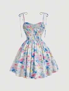 SHEIN MOD Women's Sleeveless Pleated Ruffle Hem Elegant Floral Print Mini Dress, Summer Outfit For Women, Spring, Garden Party Dress, Women's Floral Print Sweetheart Neck Tie Shoulder A-Line Mini Dress Summer Style, Beach Dress, Going Out, Graduation Dresses, Holiday Outfits, Wedding Guest Dress, , Cottagecore Dress, Floral Dress, Dinner Outfit For Women - Multicolor - View 6