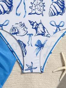 少女新款时尚贝壳印花荷叶边连体泳衣和罩裙套装 - 藍白色 - 查看 5