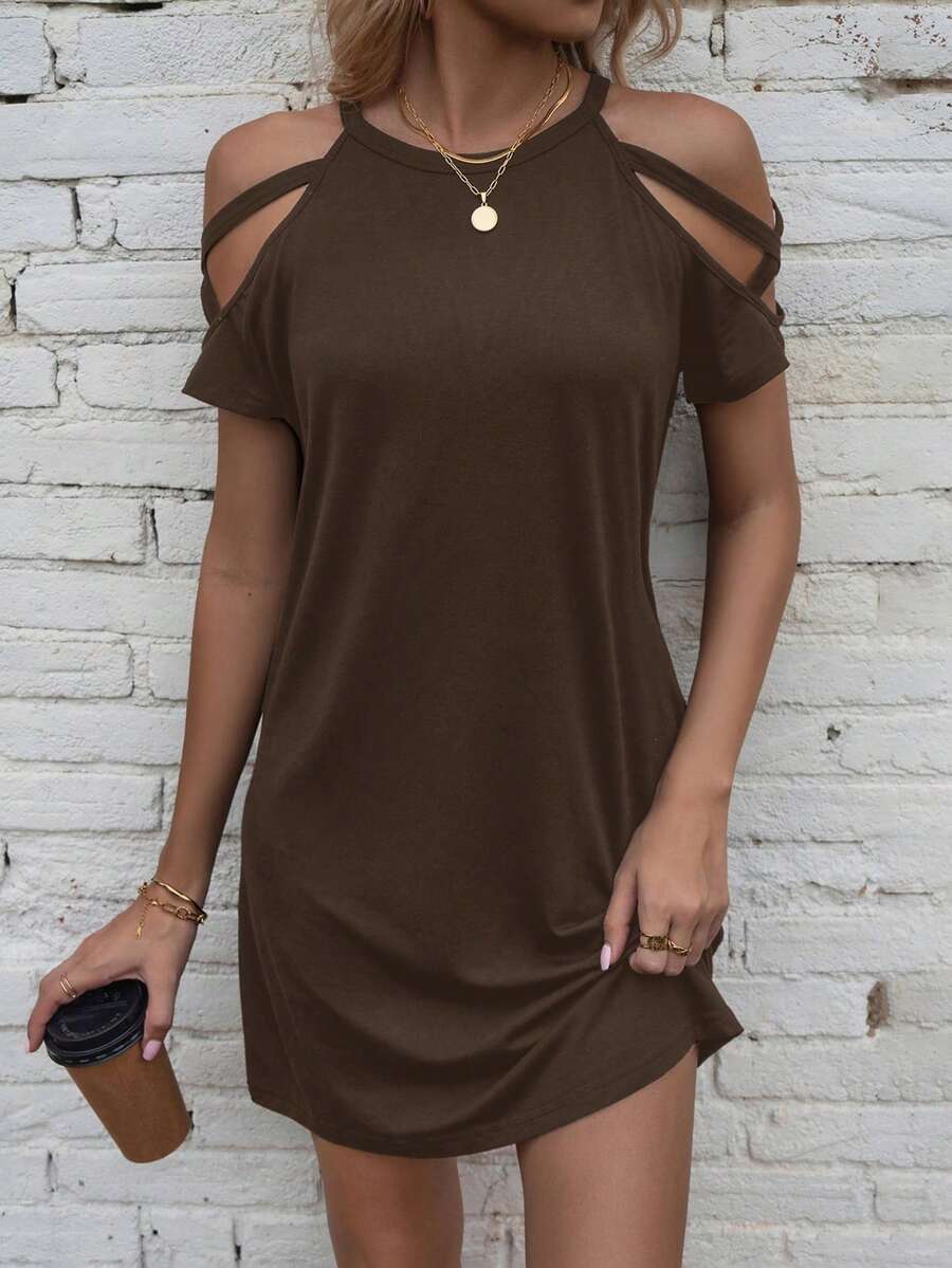 EMERY ROSE Vestido casual de unicolor con hombros descubiertos para ropa de Año Nuevo - Café integral - Ver 1